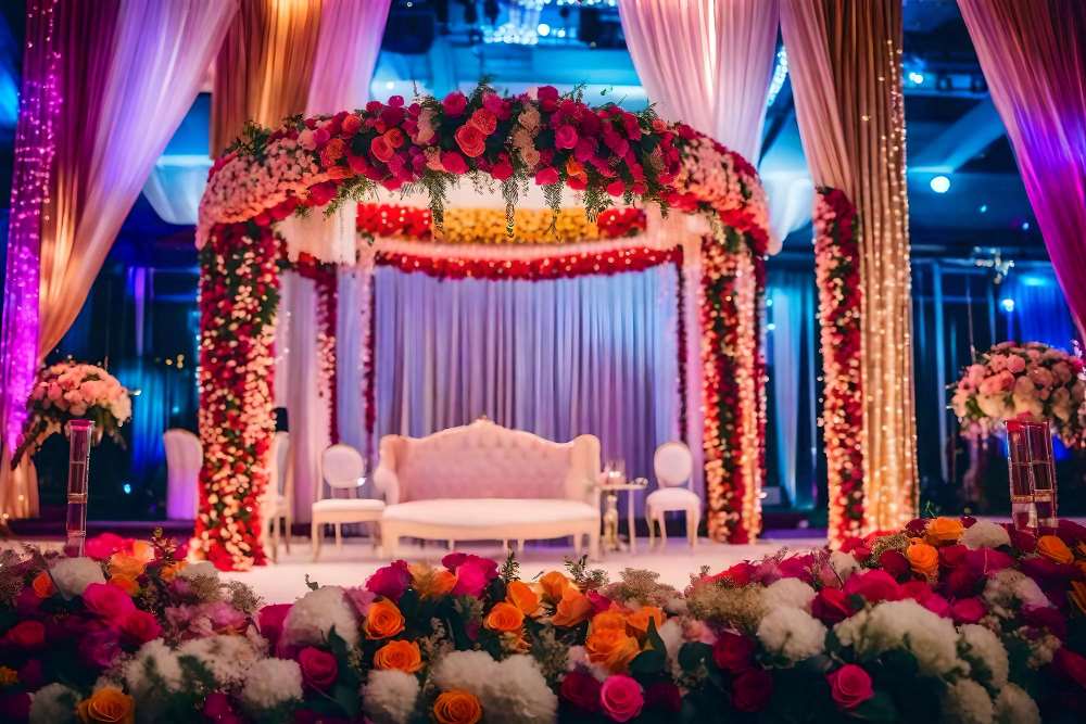 wedding ceremony with table chairs with table with flowers